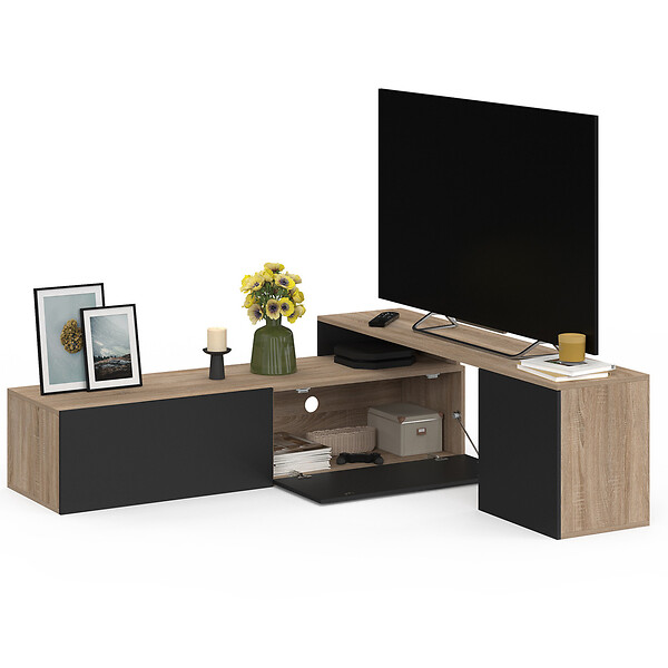 ID MARKET - Meuble TV 140-180 cm modulable d'angle BASILE rotatif bois et noir - large