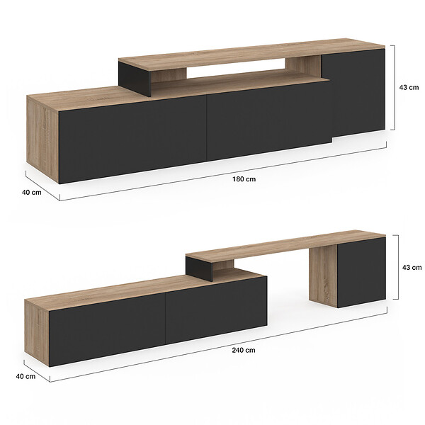 ID MARKET - Meuble TV 140-180 cm modulable d'angle BASILE rotatif bois et noir - large
