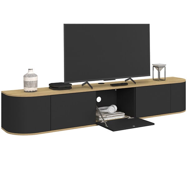 ID MARKET - Meuble TV 180 cm suspendu LEORA 3 portes bois et noir - large