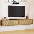 ID MARKET - Meuble TV 180 cm suspendu HANAE 2 portes effet naturel cannage - vignette