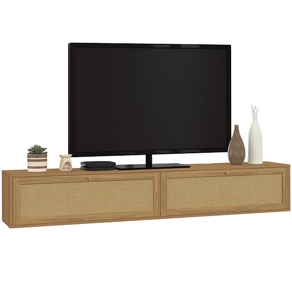 ID MARKET - Meuble TV 180 cm suspendu HANAE 2 portes effet naturel cannage - large