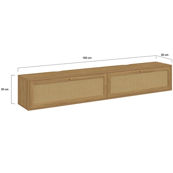 ID MARKET - Meuble TV 180 cm suspendu HANAE 2 portes effet naturel cannage - large