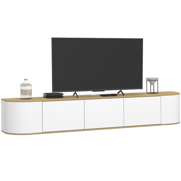 ID MARKET - Meuble TV 180 cm suspendu LEORA 3 portes bois et blanc - large