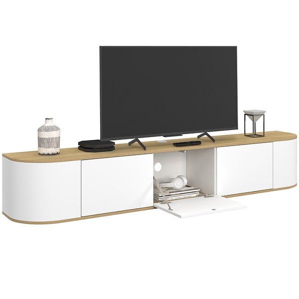 ID MARKET - Meuble TV 180 cm suspendu LEORA 3 portes bois et blanc - large