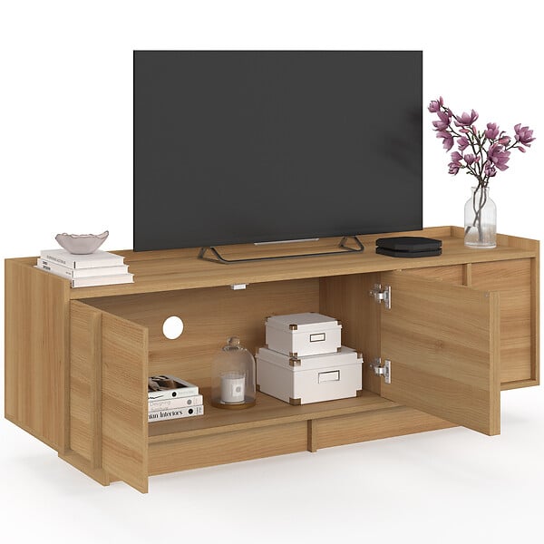 ID MARKET - Meuble TV 140 cm ROSIE 3 portes façon hêtre design minimaliste - large