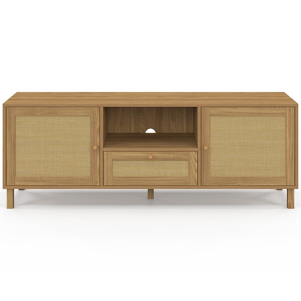 ID MARKET - Meuble TV 140 cm vintage HANAE 3 portes effet naturel cannage - large