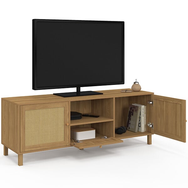 ID MARKET - Meuble TV 140 cm vintage HANAE 3 portes effet naturel cannage - large
