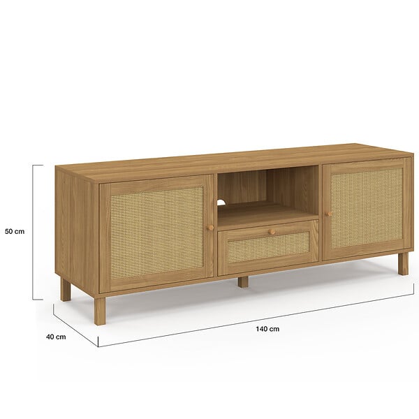 ID MARKET - Meuble TV 140 cm vintage HANAE 3 portes effet naturel cannage - large