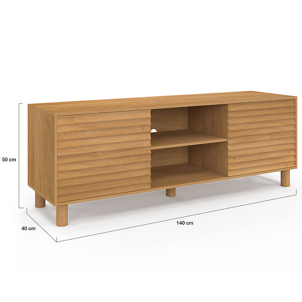 ID MARKET - Meuble TV 140 cm JULIE 2 portes lattes tasseau bois coloris chêne - large