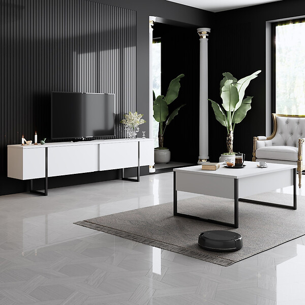 HABITAT ET JARDIN - Meuble TV en bois "Luxe" - 180 x 30 x 50 cm - Blanc - large
