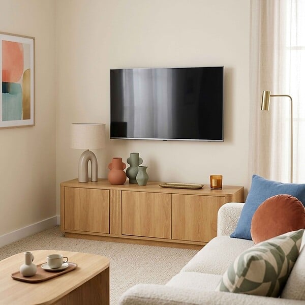 OVIALA - Meuble TV effet bois 150 cm bois clair  - Cesar - large