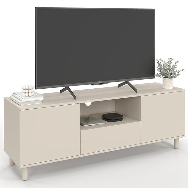 ID MARKET - Meuble TV 140 cm BERTILLE 3 portes bois beige - large