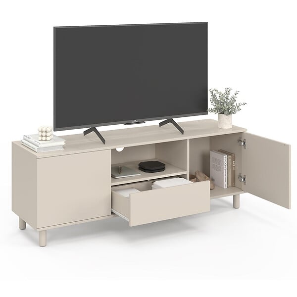 ID MARKET - Meuble TV 140 cm BERTILLE 3 portes bois beige - large