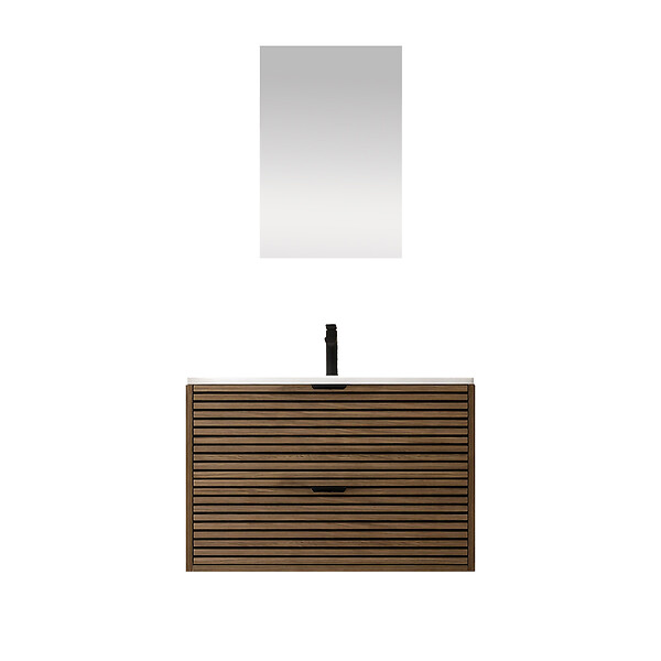 AURLANE - Meuble Salle de Bain Cranté Bois et Noir 80cm - 2 Tiroirs, Vasque et Miroir - MALO - large