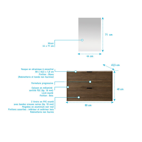 AURLANE - Meuble Salle de Bain Cranté Bois et Noir 80cm - 2 Tiroirs, Vasque et Miroir - MALO - large