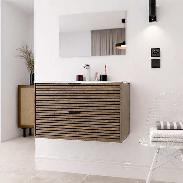 AURLANE - Meuble Salle de Bain Cranté Bois et Noir 80cm - 2 Tiroirs, Vasque et Miroir - MALO - large
