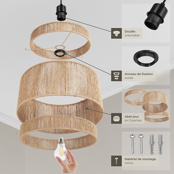 TECTAKE - Suspension LIGNEA LUX en jute au style bohème 40W marron naturel - large