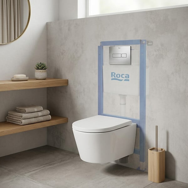 ROCA - Pack WC suspendu complet avec bâti-support Roca, cuvette compacte sans bride et abattant soft-close - large