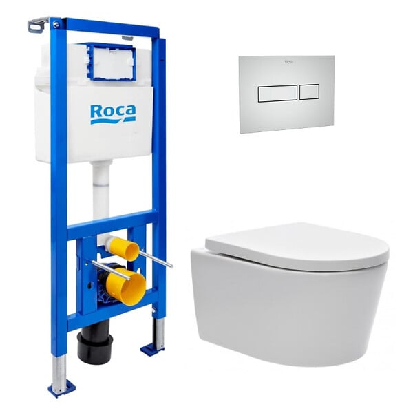 ROCA - Pack WC suspendu complet avec bâti-support Roca, cuvette compacte sans bride et abattant soft-close - large