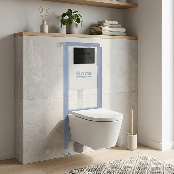 ROCA - Pack WC suspendu complet avec bâti-support Roca, cuvette compacte sans bride et abattant soft-close - large