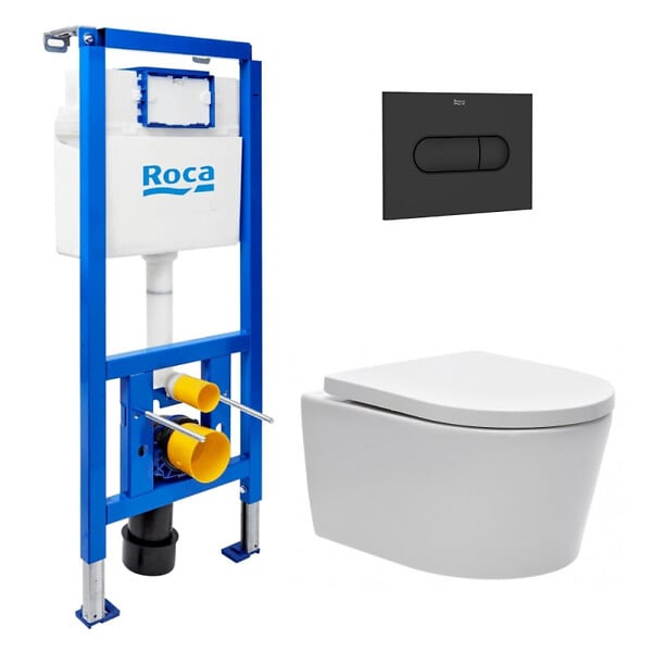 ROCA - Pack WC suspendu complet avec bâti-support Roca, cuvette compacte sans bride et abattant soft-close - large