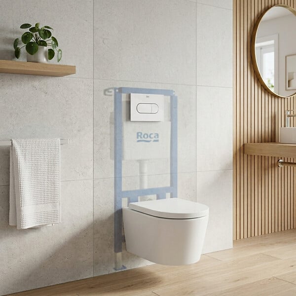 ROCA - Pack WC suspendu complet avec bâti-support Roca, cuvette sans bride et abattant soft-Close - large