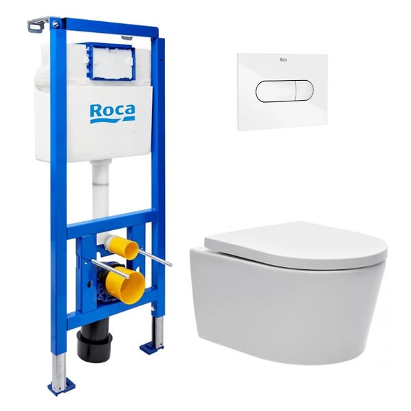 ROCA - Pack WC suspendu complet avec bâti-support Roca, cuvette sans bride et abattant soft-Close - large