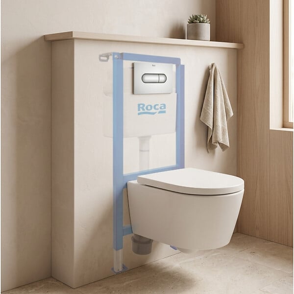 ROCA - Pack WC suspendu complet avec bâti-support Roca, cuvette compacte sans bride et abattant soft-close - large