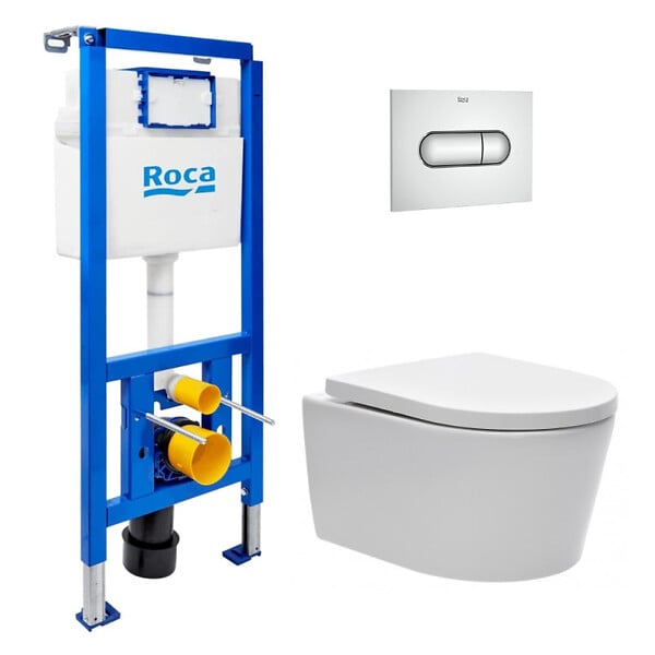 ROCA - Pack WC suspendu complet avec bâti-support Roca, cuvette compacte sans bride et abattant soft-close - large