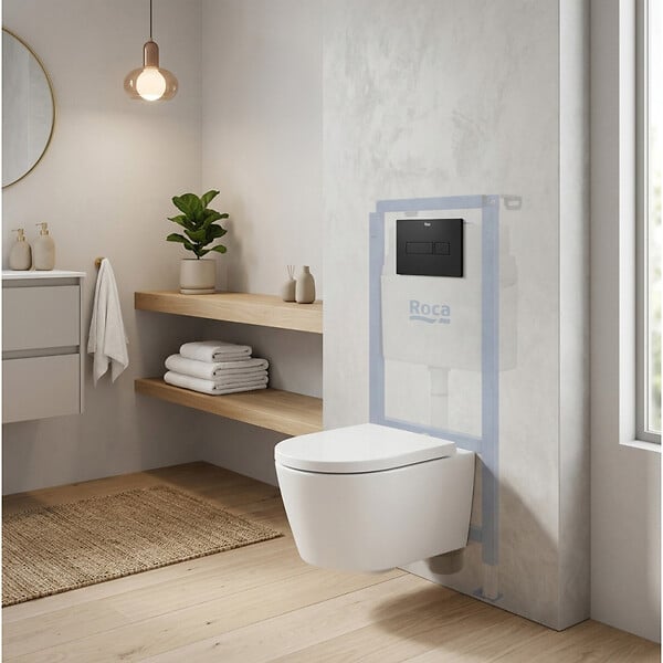 ROCA - Pack WC suspendu complet avec bâti-support Roca, cuvette sans bride et abattant soft-Close - large