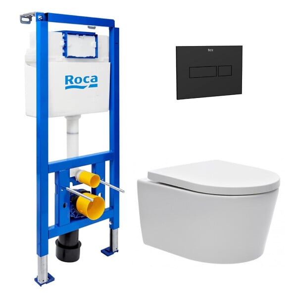 ROCA - Pack WC suspendu complet avec bâti-support Roca, cuvette sans bride et abattant soft-Close - large
