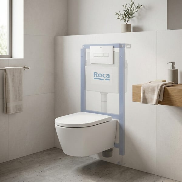 ROCA - Pack WC suspendu complet avec bâti-support Roca, cuvette design sans bride et abattant soft-close - large