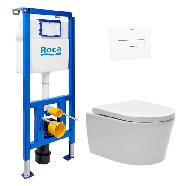 ROCA - Pack WC suspendu complet avec bâti-support Roca, cuvette design sans bride et abattant soft-close - large