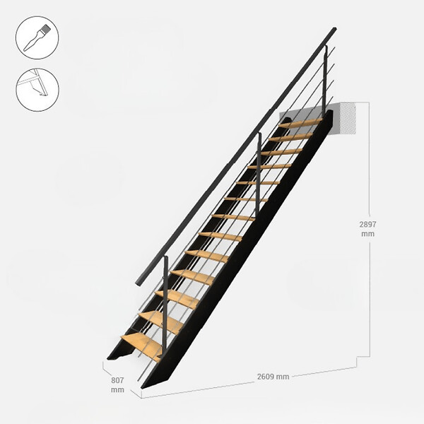 KORDO - Escalier bois droit noir avec garde-corps à LED intégrées, Diverso KORDO - large