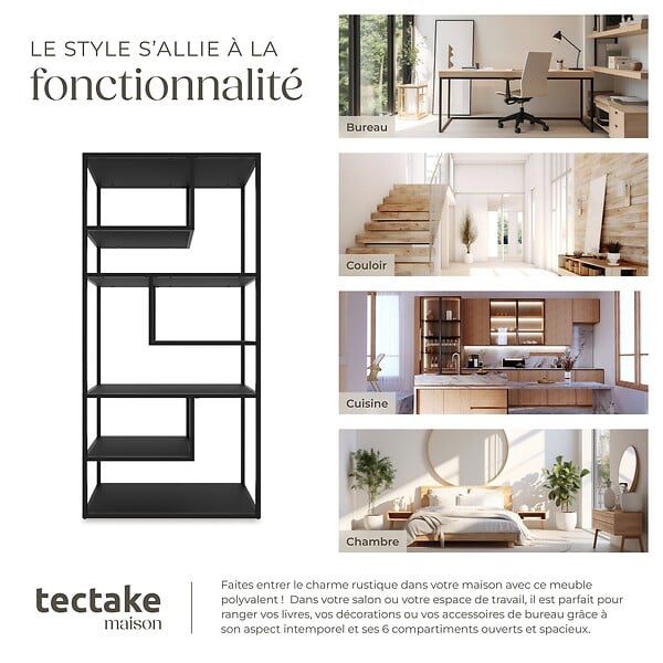 TECTAKE - Étagère VENDA avec 6 compartiments, look industriel 85x35x188cm noir - large