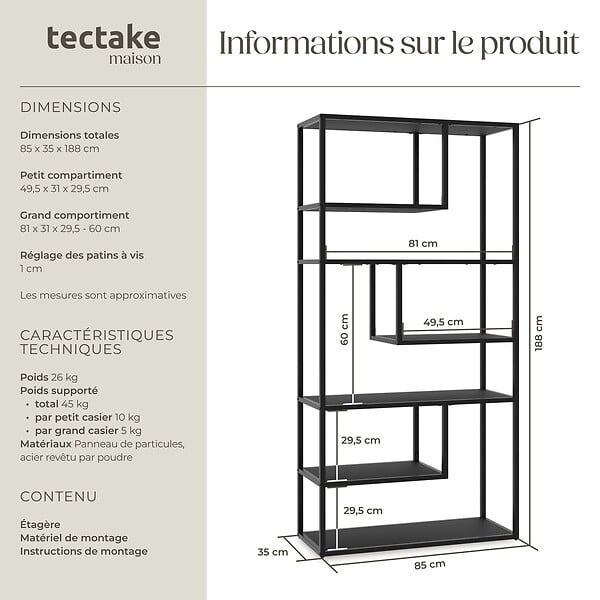 TECTAKE - Étagère VENDA avec 6 compartiments, look industriel 85x35x188cm noir - large
