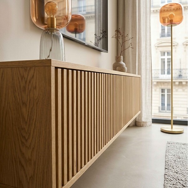 OVIALA - Meuble TV suspendu 160 cm scandinave bois clair - Ivy - large