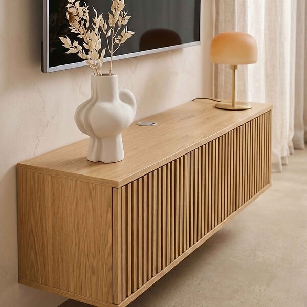 OVIALA - Meuble TV suspendu 120 cm scandinave bois clair - Ivy - large