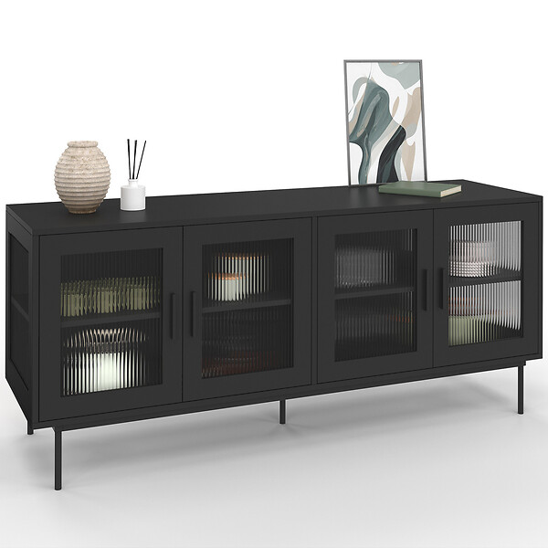 ID MARKET - Buffet 140 cm ZINEB 4 portes vitrées façade cannelée noir - large