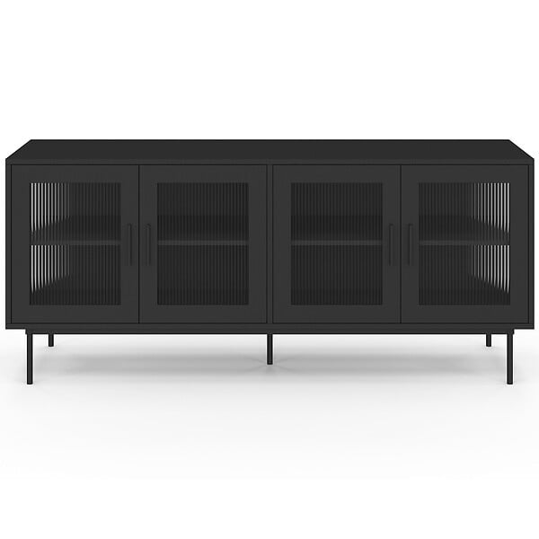 ID MARKET - Buffet 140 cm ZINEB 4 portes vitrées façade cannelée noir - large