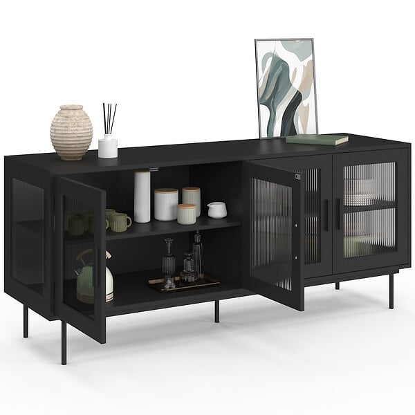 ID MARKET - Buffet 140 cm ZINEB 4 portes vitrées façade cannelée noir - large