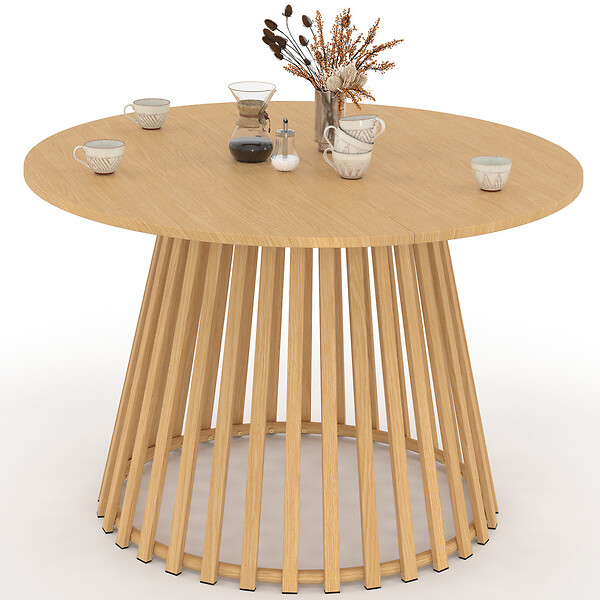 ID MARKET - Table de jardin ronde SOLAL 120 cm 6 personnes avec pied lattes en métal effet bois - large
