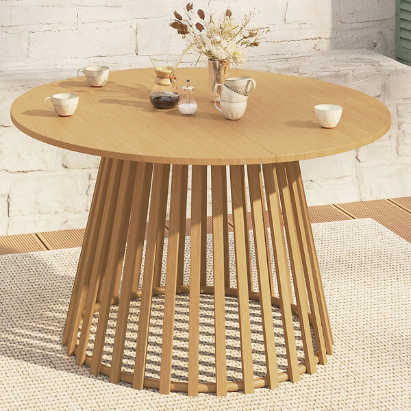ID MARKET - Table de jardin ronde SOLAL 120 cm 6 personnes avec pied lattes en métal effet bois - large
