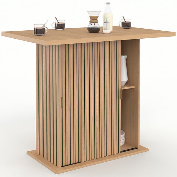 ID MARKET - Ilot central 4 personnes JULIETTE 110 cm pied central avec rangement effet lattes tasseau de bois - large