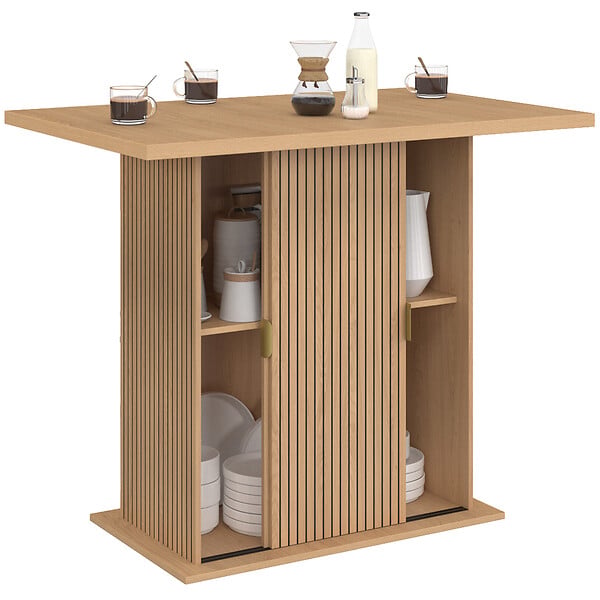 ID MARKET - Ilot central 4 personnes JULIETTE 110 cm pied central avec rangement effet lattes tasseau de bois - large