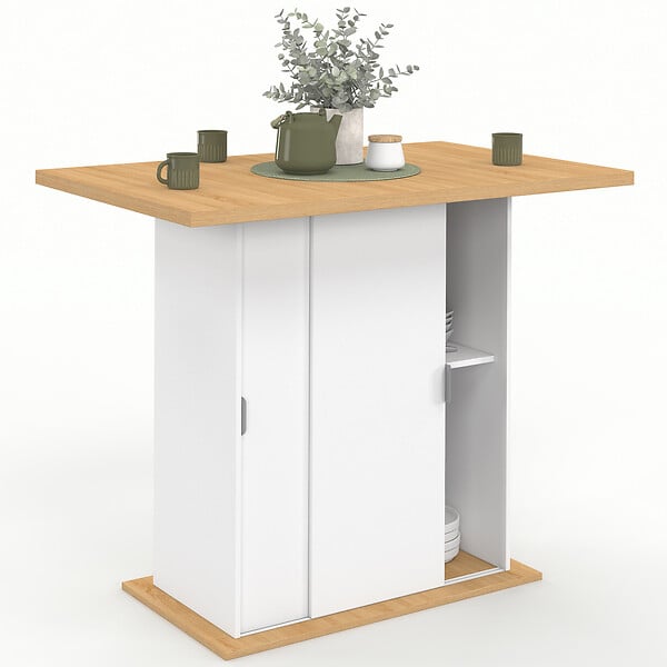 ID MARKET - Ilot central 4 personnes PAXTON 110 cm pied central avec rangement bois blanc avec plan de travail façon hêtre - large