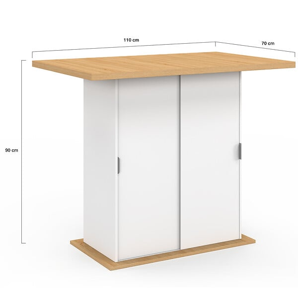 ID MARKET - Ilot central 4 personnes PAXTON 110 cm pied central avec rangement bois blanc avec plan de travail façon hêtre - large