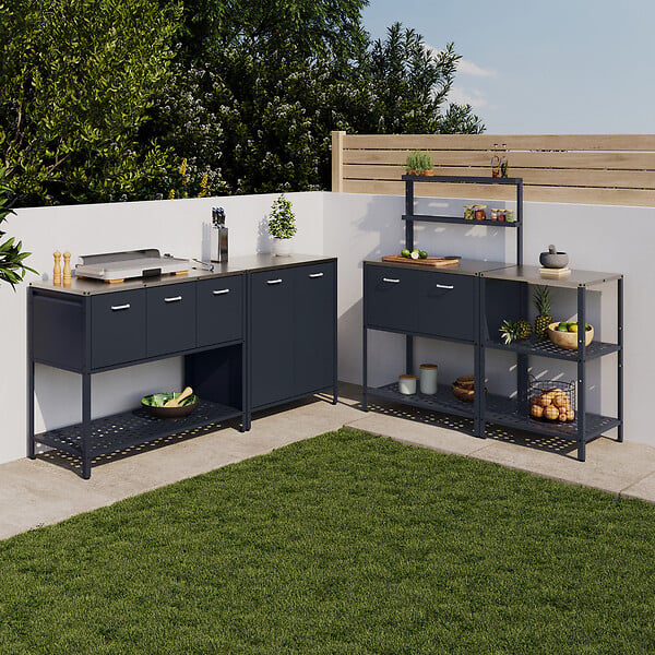 ID MARKET - Meuble de cuisine extérieure PAREO 2 portes et 2 étagères suspendues en acier gris anthracite - large