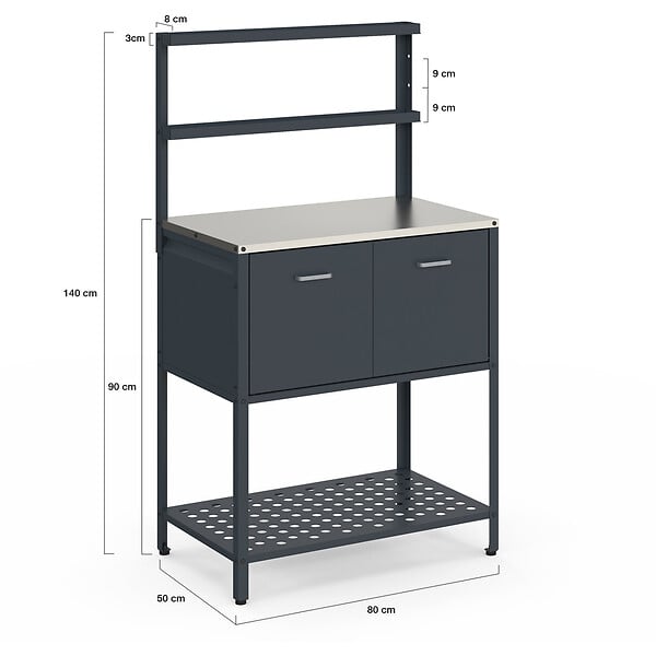 ID MARKET - Meuble de cuisine extérieure PAREO 2 portes et 2 étagères suspendues en acier gris anthracite - large
