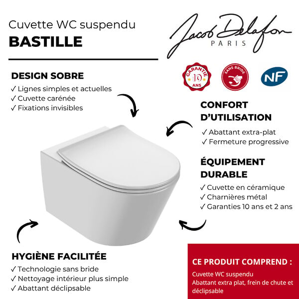 JACOB DELAFON - Cuvette WC suspendu sans bride Bastille avec abattant frein de chute et déclipsable - large